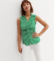 New Look Green Spot Ruched Sleeveless Collared Blouse